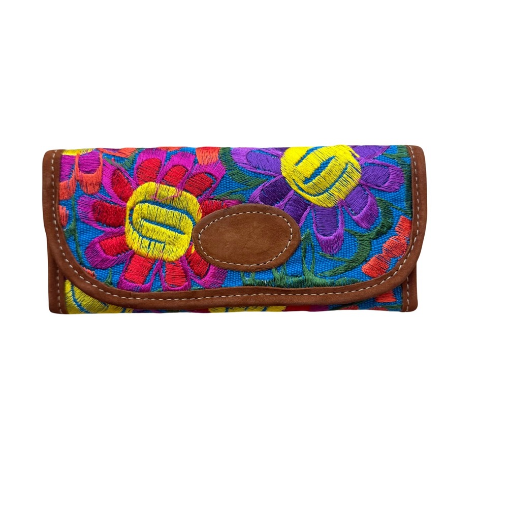 Handmade Embroidered Floral Wallet Multi-Color OS Leather Trim Boho Tri-Fold
